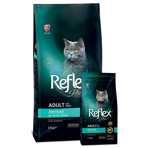 غذای گربه بالغ عقیم شده با طعم مرغ reflex plus 1.5kg